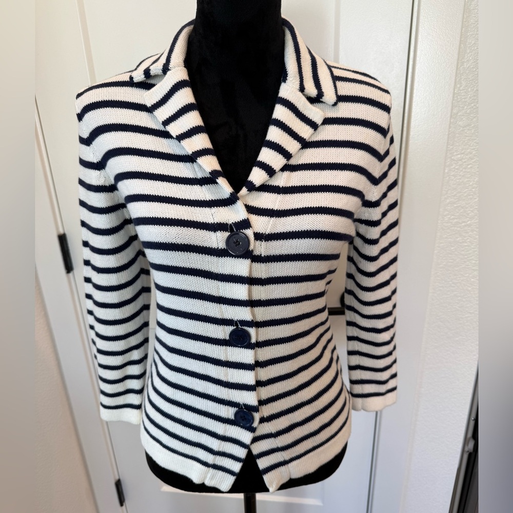 Kier + J Navy & Ivory Striped Knit Blazer Cardigan – Small
